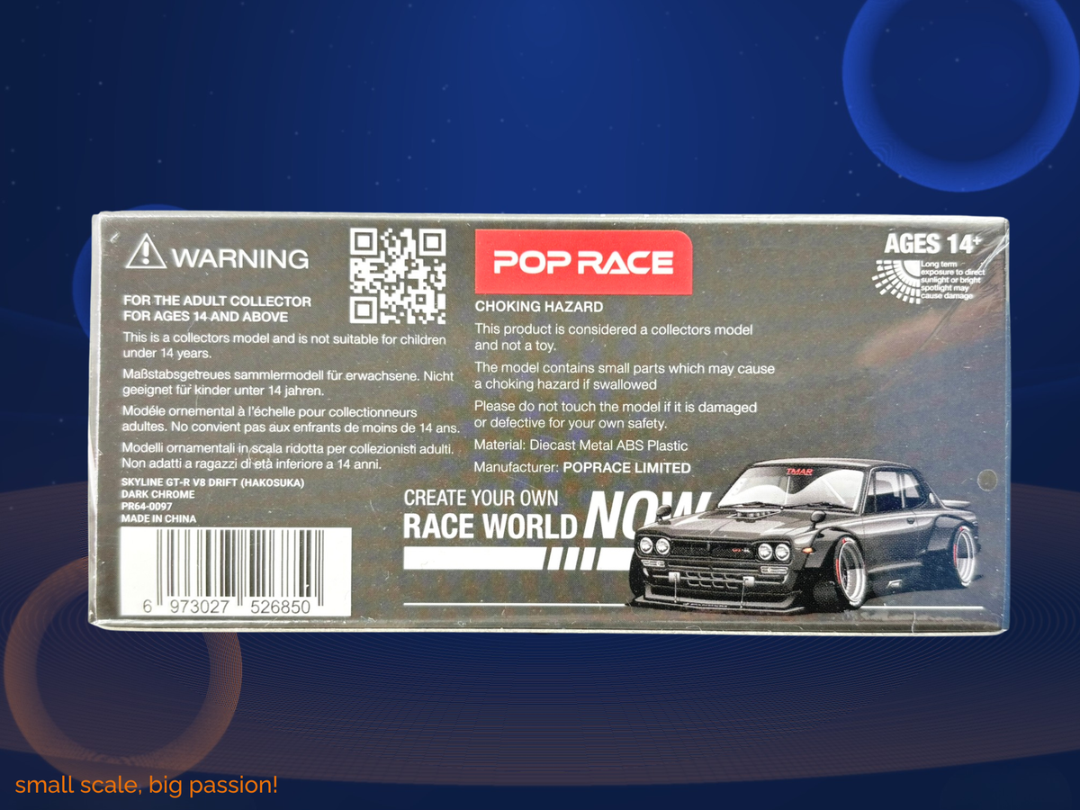 Pop Race Nissan Skyline GT-R V8 Drift „Hakosuka“ in Dark Chrome – Diecast Sammlermodell im Maßstab 1:64, Art. PR64-097 – Ansicht 2