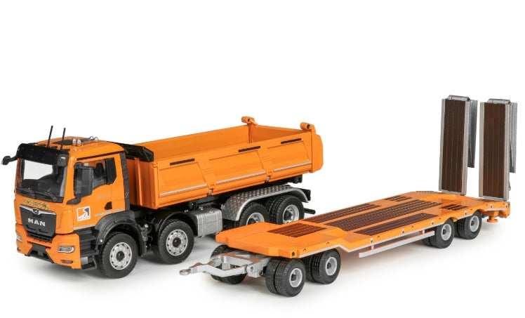 Conrad Meiller Dreiseitenkipper auf MAN TGS NN mit Tiefladeanhänger „LISE & FILS“ – Diecast Sammlermodell im Maßstab 1:50, Art. 81247/01