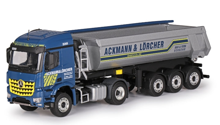 Conrad Mercedes-Benz Arocs mit Schwarzmüller Rundmuldenauflieger „ACKMANN + LÖRCHER“ – Diecast Sammlermodell im Maßstab 1:50, Art. 78231/03
