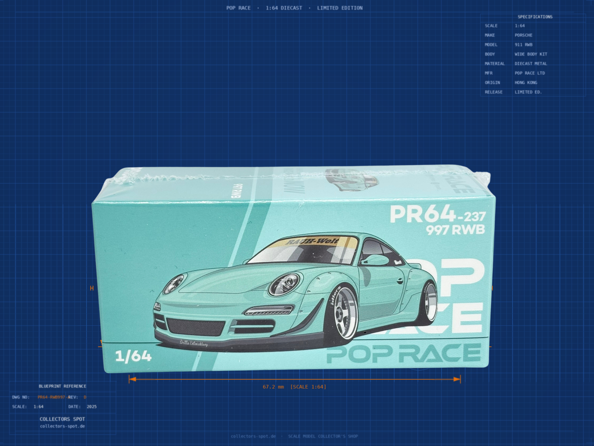 Pop Race Porsche 911 (997) RWB in Tiffany Blue – Diecast Sammlermodell im Maßstab 1:64, Art. PR64-237