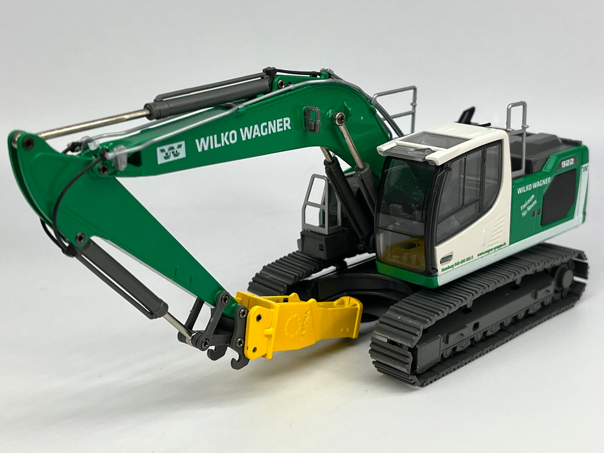 Conrad Liebherr R922 V Hydraulikbagger mit Hammer „WILKO Wagner“ – Diecast Sammlermodell im Maßstab 1:50, Art. 2214/11