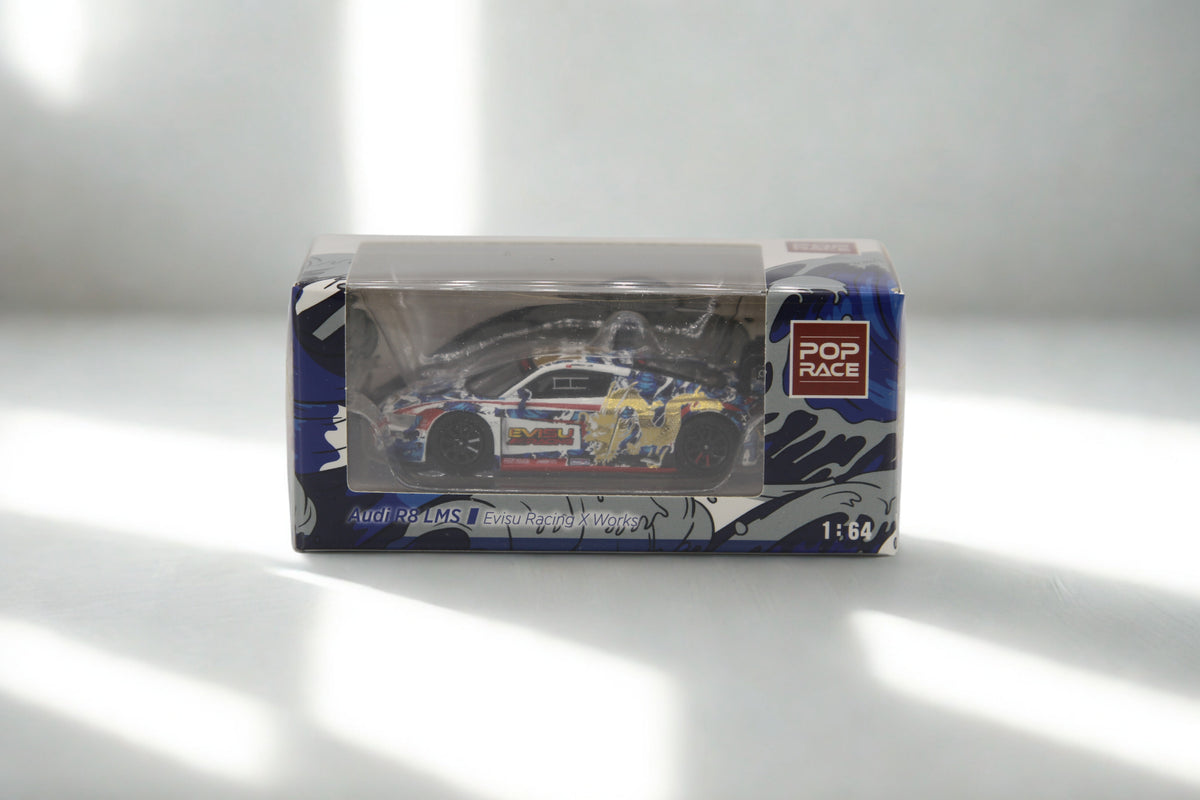Pop Race Audi R8 LMS Evisu Racing – Diecast Modellauto im Maßstab 1:64, Art. PR64-R8LMS-EVISU