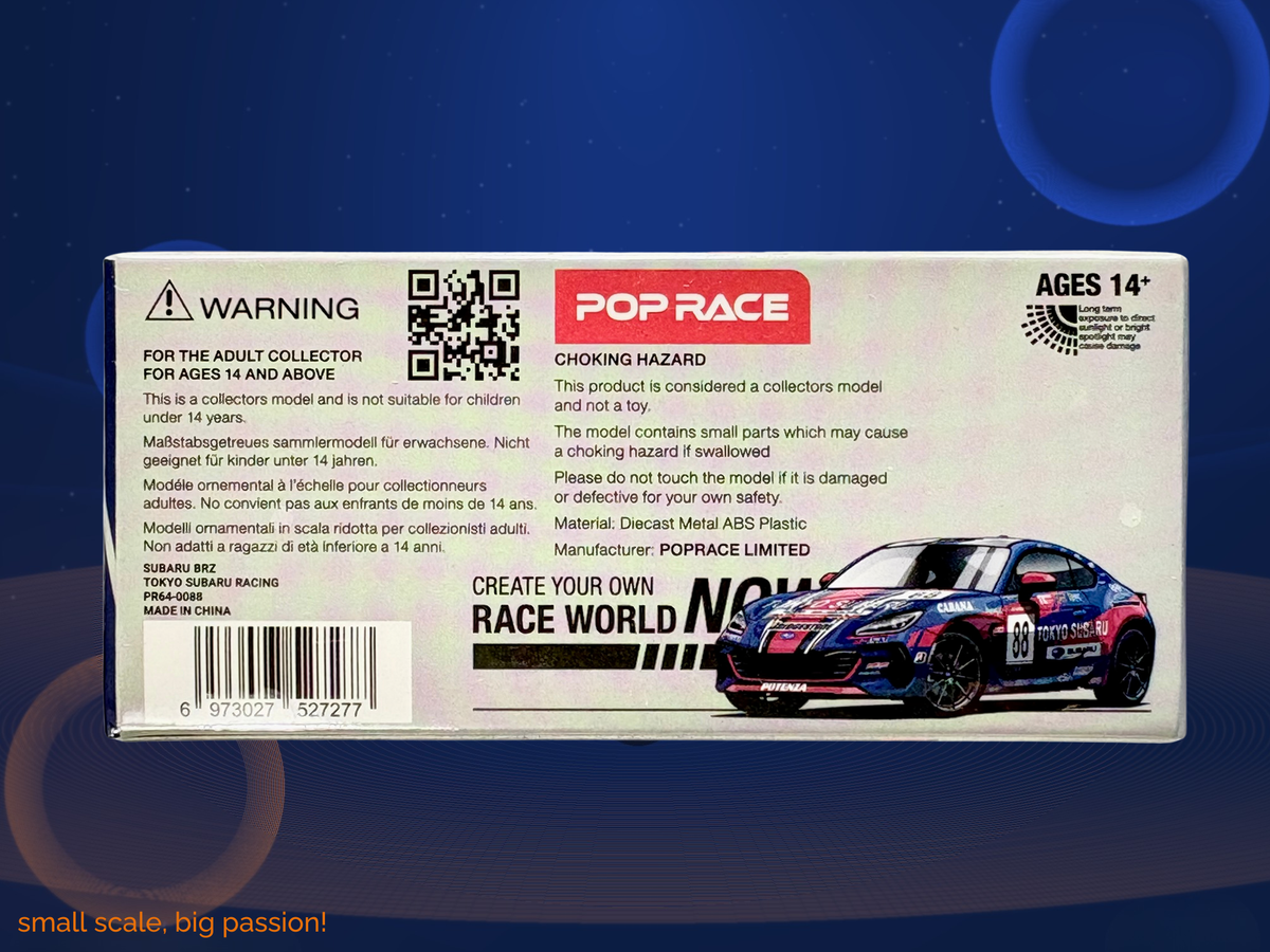 Pop Race Subaru BRZ in „Tokyo Subaru Racing“ Werkslackierung mit Startnummer #88 in Blau – Diecast Sammlermodell im Maßstab 1:64, Art. PR64-088 – Ansicht 2