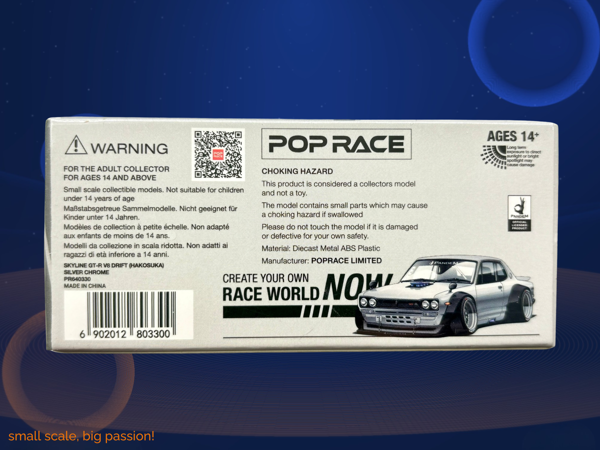 Pop Race Nissan Skyline GT-R V8 Drift „Hakosuka“ in Silver Chrome – Diecast Sammlermodell im Maßstab 1:64, Art. PR640330 – Ansicht 2