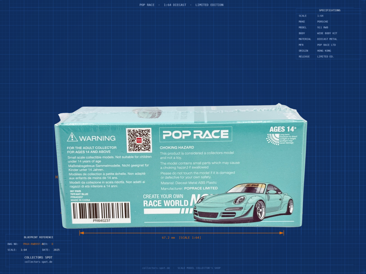 Pop Race Porsche 911 (997) RWB in Tiffany Blue – Diecast Sammlermodell im Maßstab 1:64, Art. PR64-237 – Ansicht 2