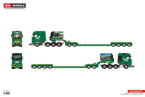Mercedes-Benz Actros MP5 SLT GigaSpace 8x4 mit 2-Achs-Dolly und 4-Achs-Tieflader in Kübler-Lackierung – WSI Modell 1:50, Art.-Nr. 01-5511
