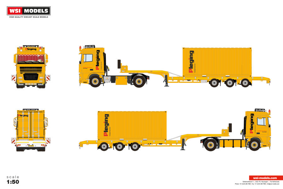 WSI DAF XF95 Space Cab 4x2 mit dreiachsigem Semitieflader und 20-Fuß-Container in Pleging-Lackierung – Diecast Sammlermodell im Maßstab 1:50, Art. 01-5172