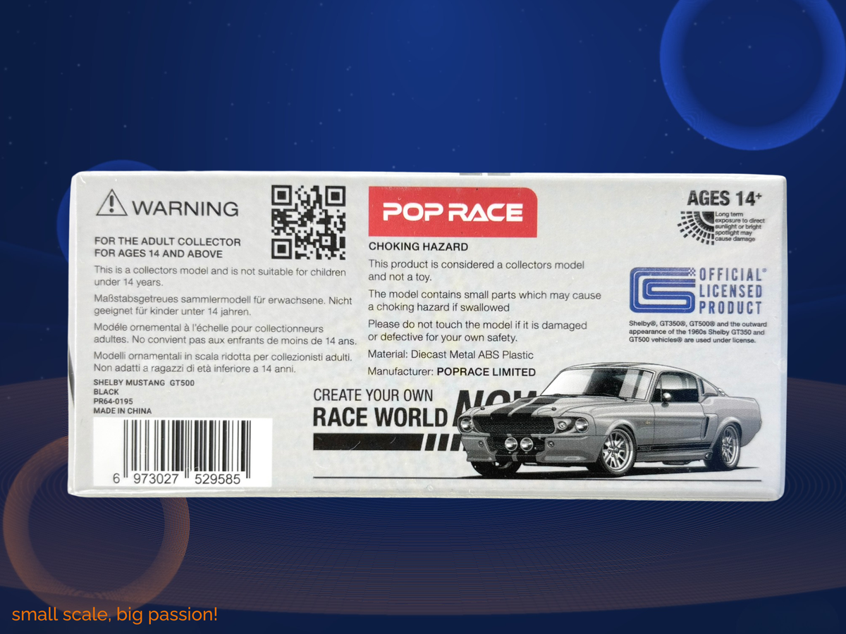 Pop Race Ford Shelby Mustang GT500 „Eleanor“ 1967 in Grey Metallic mit schwarzen Doppelstreifen – Diecast Sammlermodell im Maßstab 1:64, Filmlegende aus „Gone in 60 Seconds“, Art. PR64-195