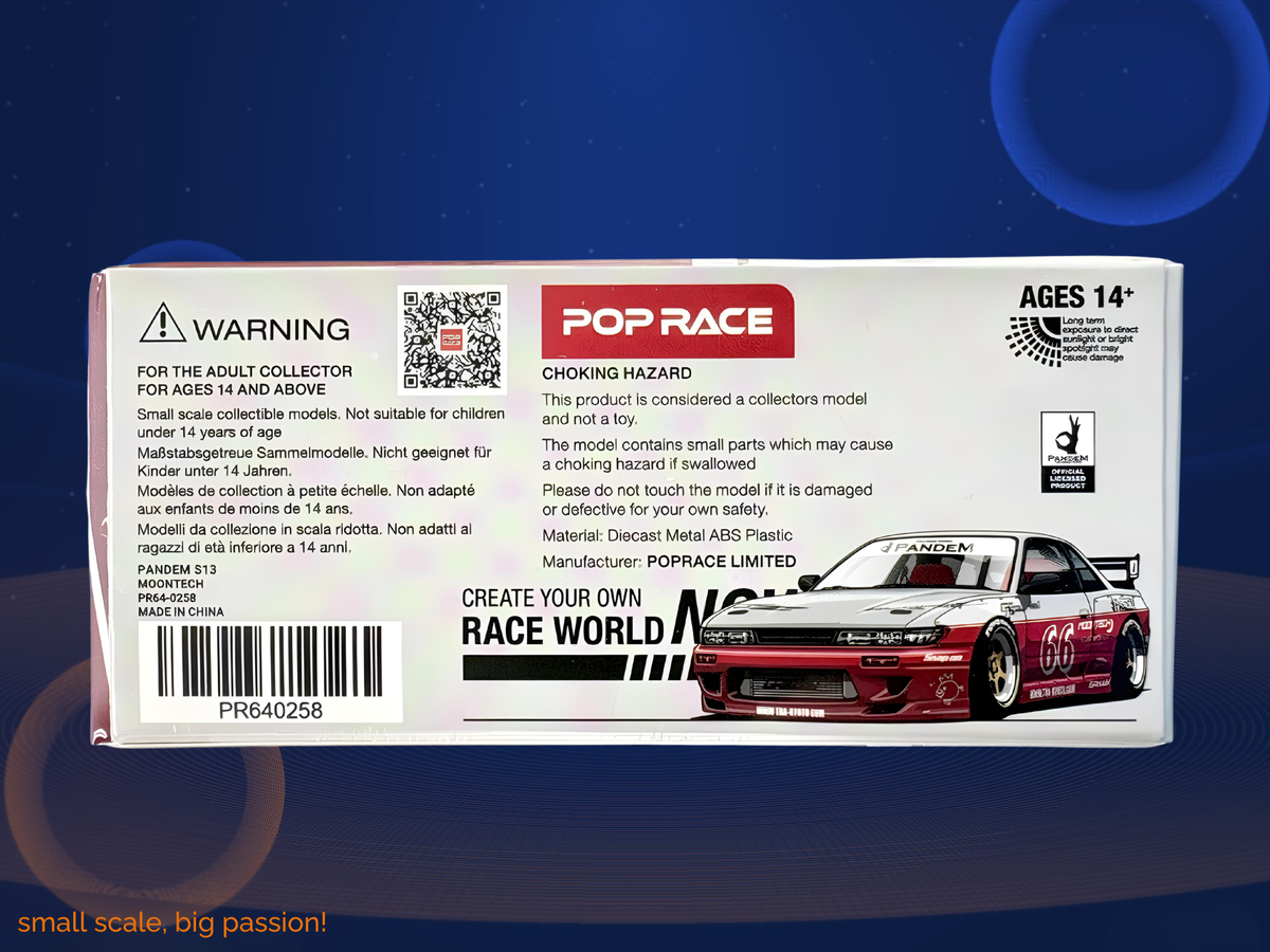 Pop Race Pandem Nissan Silvia S13 V3 in Moontech Red mit Startnummer #66 und öffnender Haube samt SR20-Motorraum – Diecast Sammlermodell im Maßstab 1:64, Art. PR64-258