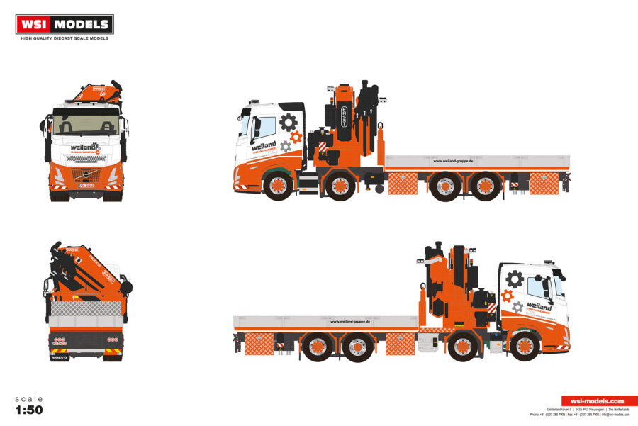 WSI Volvo FH Aero Sleeper Cab 8x2 Pritschenfahrzeug mit Fassi F1100 Ladekran in Weiland-Lackierung – Diecast Sammlermodell im Maßstab 1:50, Art. 01-5380